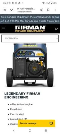 Portable generator tri fuel with electric start 10000/8000. Watt