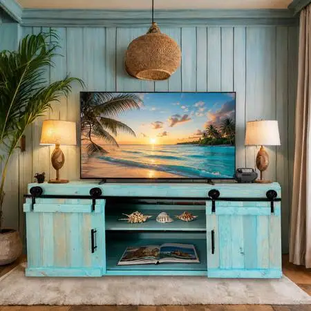 >Blue Ocean Beach Coastal TV Stand Console with Barn Doors+Free Delive