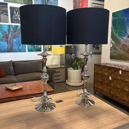 Tall Silver Table Lamps W/ Black Shades- Pair- 17.5X40H