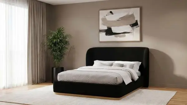 **Queen Platform Bed Upholstered in Soft Black Fabric**
