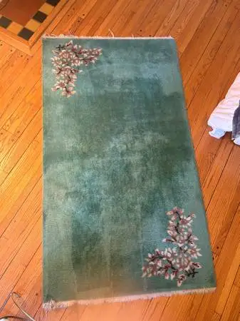 Antique Chinese Art Deco Wool Rug – Seafoam Green Floral Area Rug