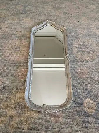 Ornate Silver Wall Mirror — Scalloped Frame w/ Rose Detail