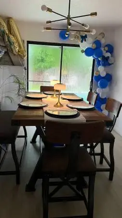Modern rustic wooden dining room set in excellent condition.