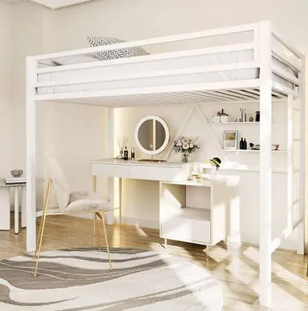 Metal Loft Bed Twin Size with Safety Guardrail & Ladder,Cream White