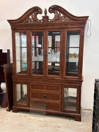 Carved Wood China Cabinet with Ornate Broken-Arch Pediment