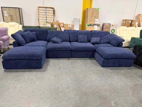6 Piece Dark Blue Chenille Wrapped Sectional Cloud Cushion Couch