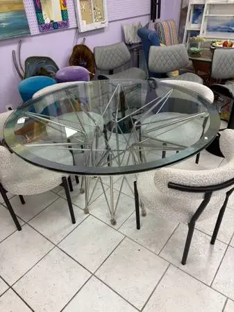Dining Table Glass & Silver with 4 Chairs