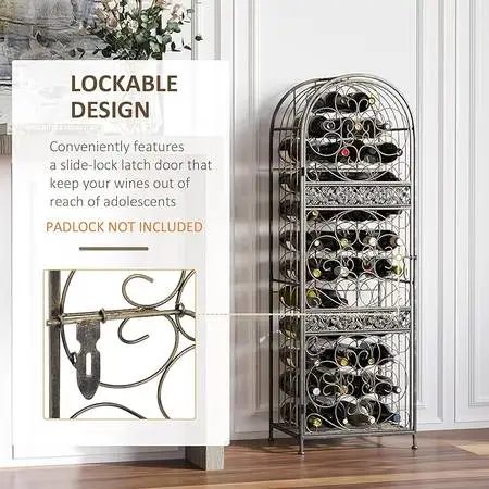 45 Bottle Wrought Iron Wine Rack Jail with Lockable Latch