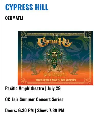 1-3 Tickets to see Cypress Hill at The Pacific Amphitheater on 7/29/26 Circle Ro