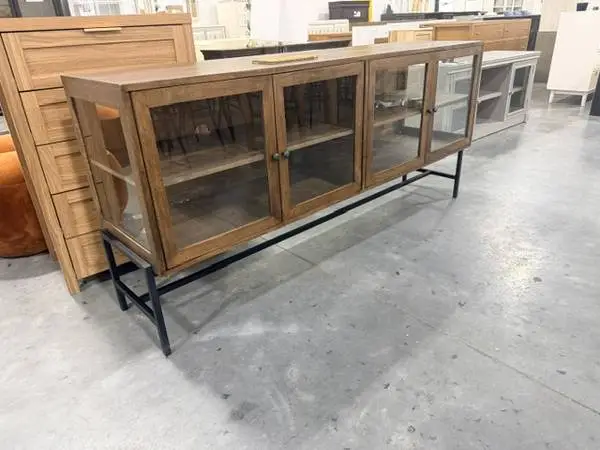 Arelius Light Brown Black Metal Base 70 Glass Cabinet Sideboard
