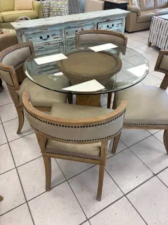 Four Hands Dining Table with Rattan Base & 4 Chairs