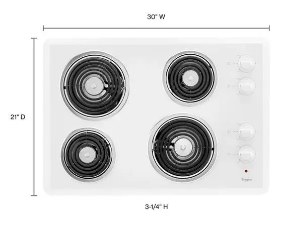 Whirlpool WCC31430AW 30 Inch Electric Cooktop , 4 Coil Elements, NEW