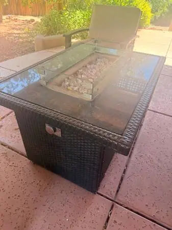 Outdoor faux wicker gas fire pit