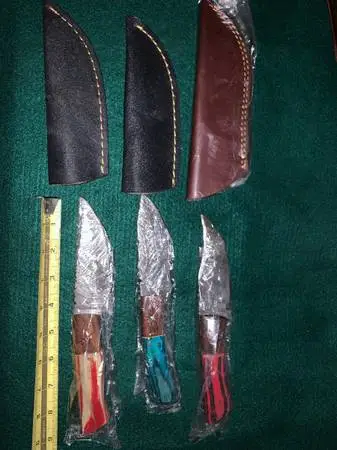 Damascus knives - red/white,blueish/green, red orange/black