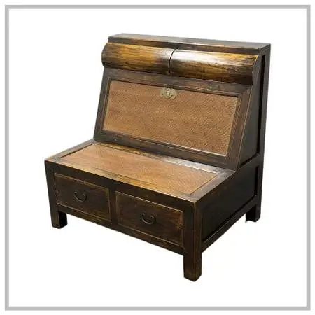 Asian Wooden Storage Bench + Cane Panels, Vintage