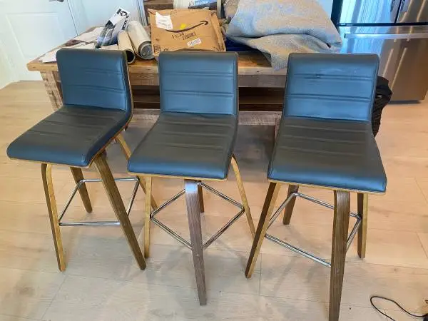 3 Bar Stools - 39” H - Faux Grey Leather with Wood Base