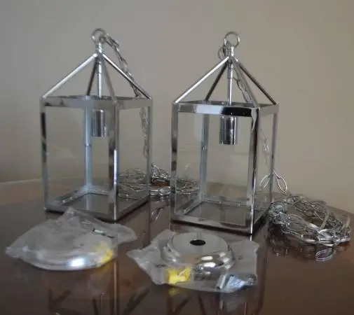CHROME HANGING PENDANT CHANDELIER MODERN SQUARE LANTERN Pair