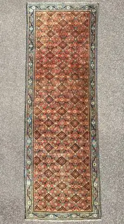VINTAGE PERSIAN MAHI HERATI HAND KNOTTED RUNNER, 3.4 x 9.10