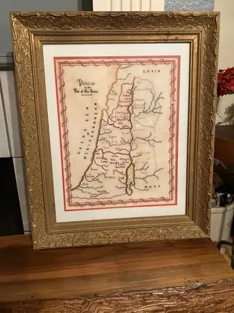 60s Framed Needlepoint Map of Palestine in the time of our Savior OBO