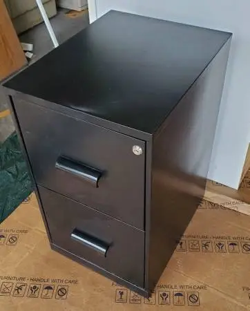 File Cabinet. Two Drawer, Black Metal.