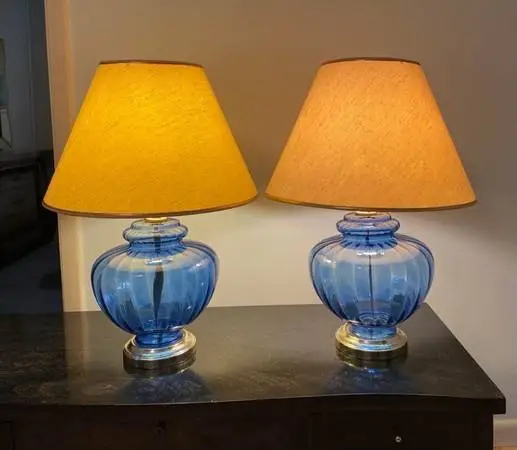 Lamp Set w/Clear Blue Glass Base - Good Condition & Open to Offers!