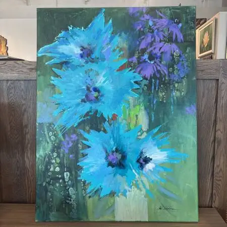 Original Jack Rickard Green W/Purple & Teal Flowers - 36X48