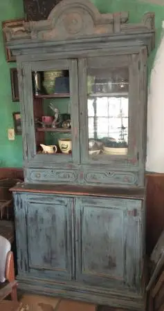 Antique Country Farmhouse Blue Painted 2 Piece Step Back Hutch Cabinet