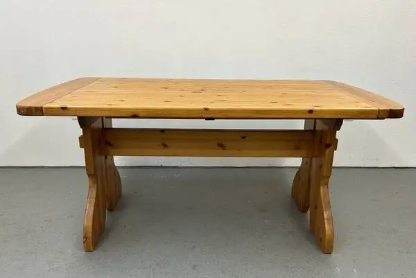 Vintage Swedish Pine Dining Table with Trestle Base and One Leaf