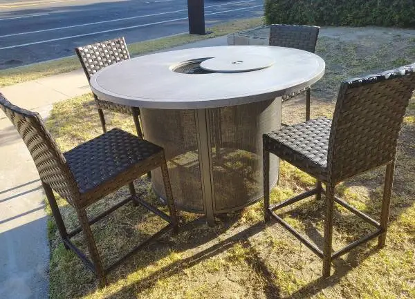 Outdoor patio counter height firepit table with 4 chairs