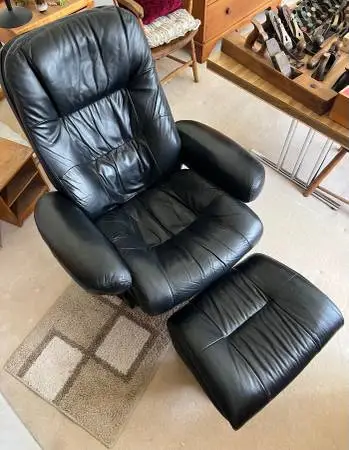 Leather Chair -Reclining with Ottoman - Black