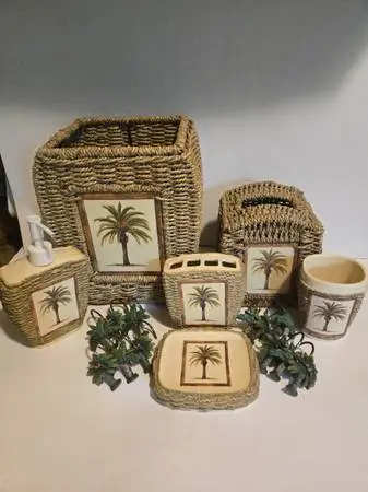 Tropical Rattan Hand Painted Bathroom Accessory Set