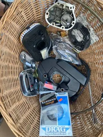 BASKET FULL OF HARLEY AND MORE PARTS $20 FOR ALL