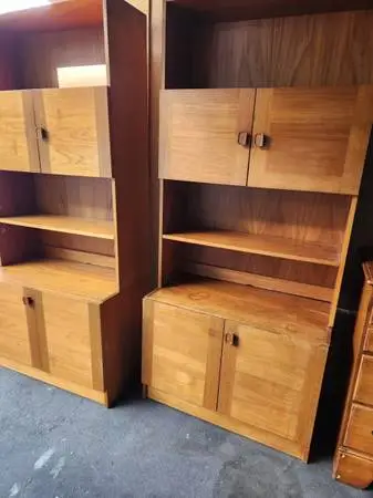 Vintage Mid-Century Walnut Bookcase Wall Units with Cabinet Storage – Set of 2