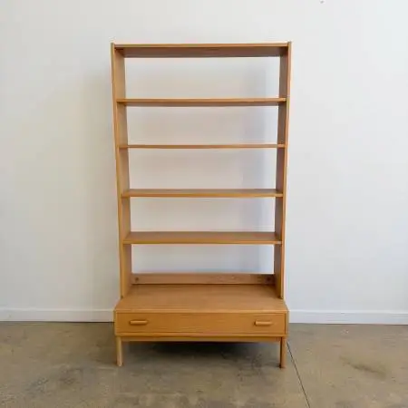 Danish Modern Tall Oakwood bookshelf with Pull-out Drawer