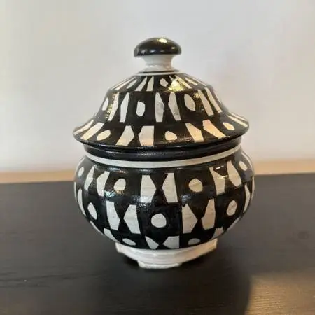 Black & White Ceramic Pot W/ Lid- 6.5X8.5