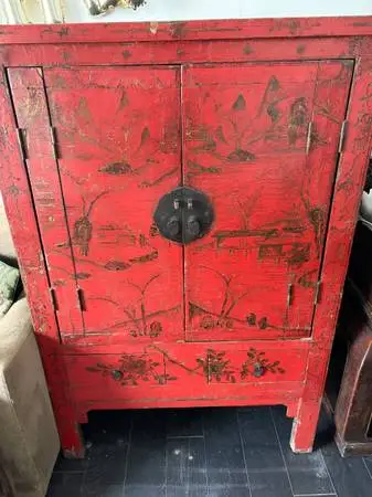 Chinese Qing Dynasty 19th Century Red Lacquer Wardrobe Media Cabinet