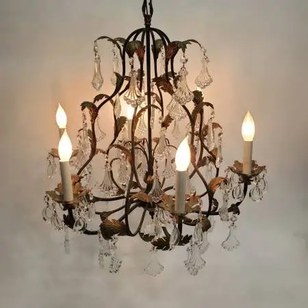Vintage Spanish Style Regency 6-Arm Chandelier Teardrop/Trumpet Glass