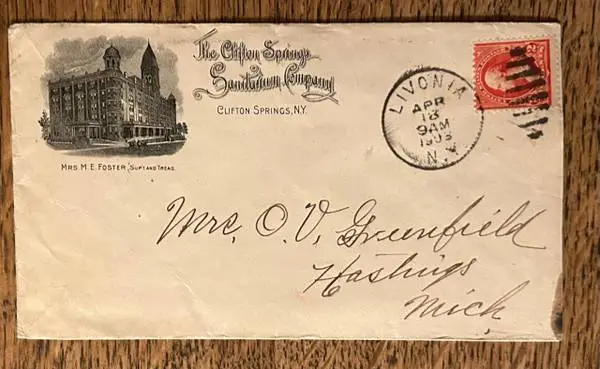 Clifton Springs Sanitarium (NY) cancelled envelope. April 18, 1903