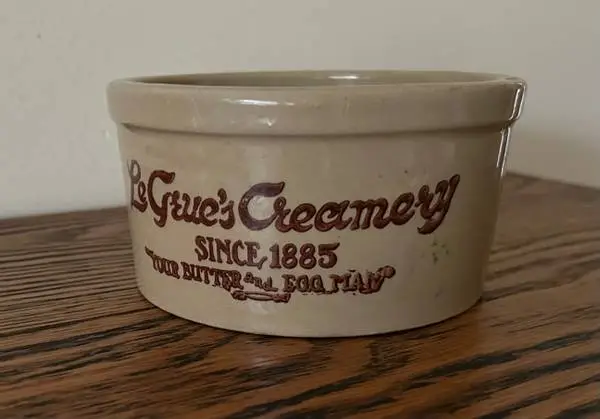 LeGrue’s Creamery stoneware advertising crock.  Since 1885