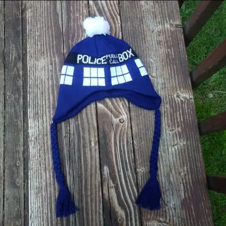 Doctor WHO BBC TV Show Knitted TARDIS Beanie Hat With Pom Pom