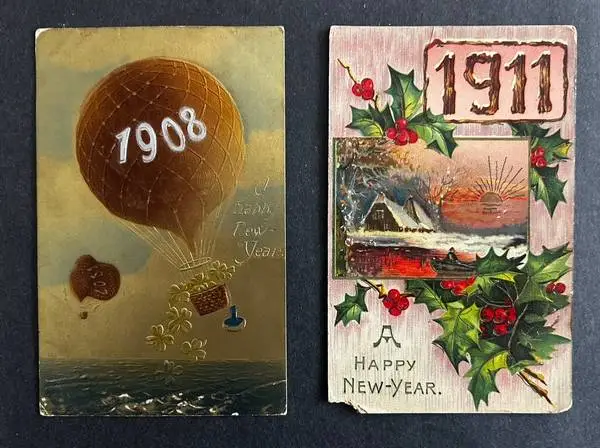 Two Antique Happy New Year Postcards 1908, 1911