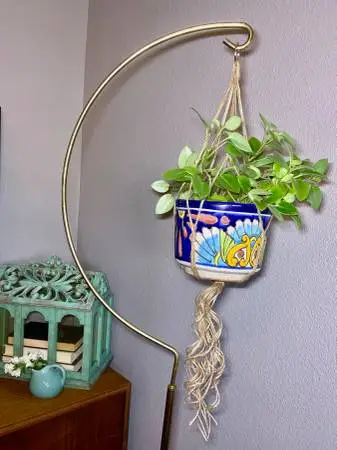 Vintage 1980s Gold Tone Crescent Hanger Floor Plant or Bird Cage Stand