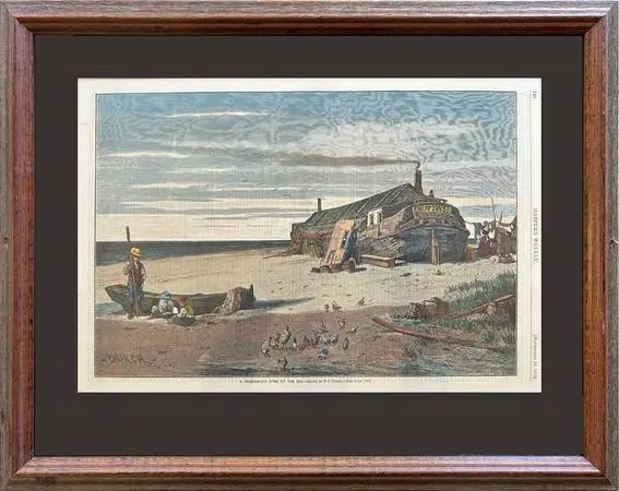 Framed 1878 hand colored engraving A FISHERMANS HOME BY THE SEA