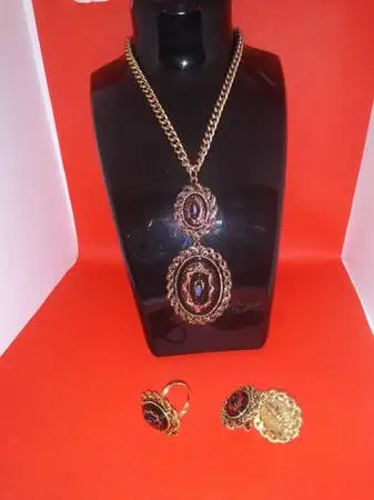 Vintage Double Pendant Necklace, Brooch, Earring and Ring