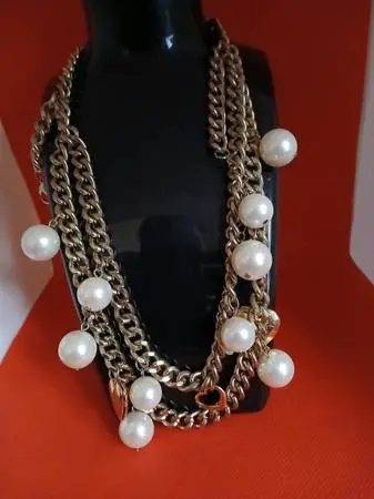 Chunky Goldtone Faux Pearl Multi Chain Necklace