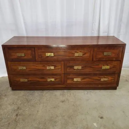Vintage Bassett Campaign Style Oak Laminate 7-Drawer Lowboy Dresser