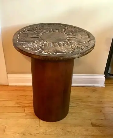 Walnut wood round pedestal accent table made in India