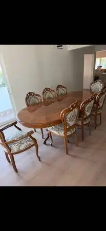 Italian Regina walnut china cabinet and dinning table with 8 chairs