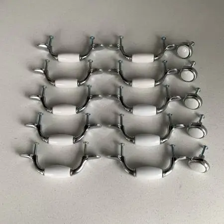 Set of (15) chrome with white ceramic drawer pulls and cabinet knobs