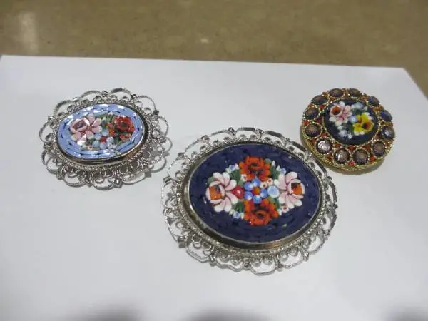 3 Vintage Italian Micro Mosaic Brooches with Multi-Color Stones
